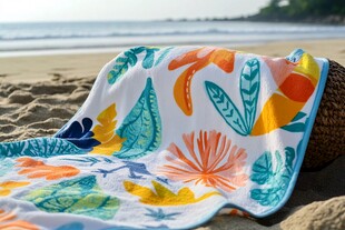 沙滩上的多彩花卉图案浴巾