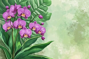 紫色蝴蝶兰与绿叶插画