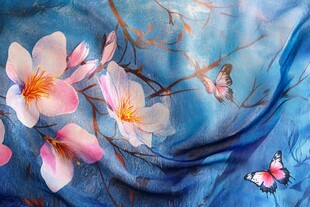 蓝底玉兰花与蝶之美