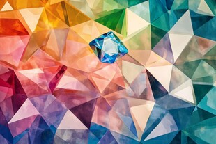 多彩几何背景中的璀璨蓝钻