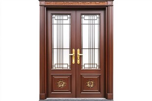 中式双开实木雕花入户门
