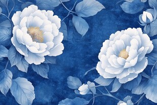 蓝底白牡丹花卉图案