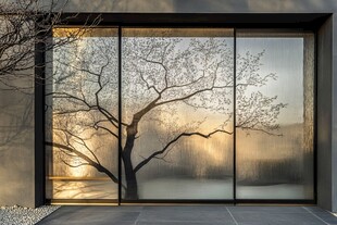 窗前枯树映黄昏景致