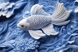 蓝白金鱼游弋于浪花间