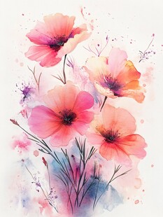 水彩绘就的绚烂粉色花朵