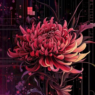 科技风绽放的绚丽红菊花