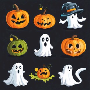 万圣节南瓜与幽灵卡通形象