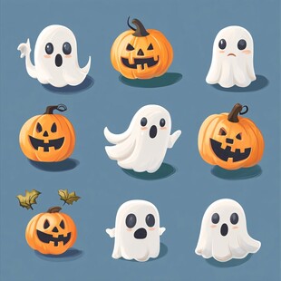 可爱幽灵与南瓜万圣节插画
