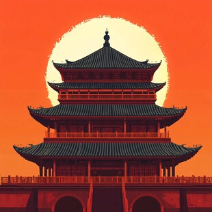 夕阳下的中式古典楼阁