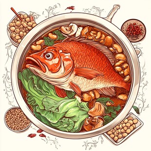 鲜香红烧鱼火锅插画图