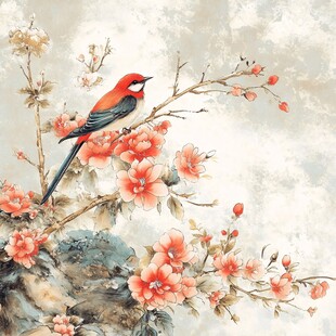 花鸟图 枝头俏立的艳丽鸟儿