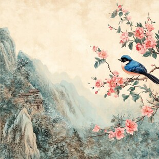 山景花枝上的灵动小鸟