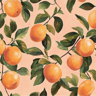 橘色果实与绿叶水彩图案