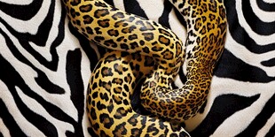 豹纹蛇盘于斑马纹背景上