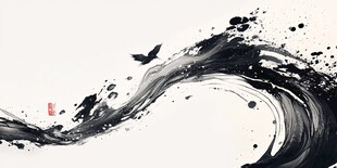 墨韵飞浪间 飞鸟伴涟漪