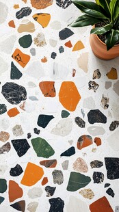 多彩水磨石地面与绿植点缀