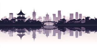 水墨风城市建筑倒影景观