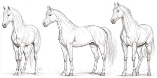 三匹骏马的素描姿态展示