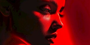 红色光影下的女性侧脸