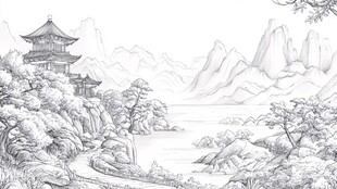 中式山水楼阁白描图
