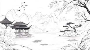 水墨山水亭阁图