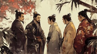 古代名士相聚交流场景