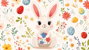 复活节萌兔与缤纷彩蛋花卉