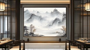 中式茶室山水壁画装饰
