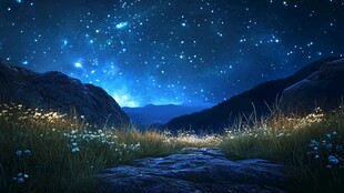 梦幻星空下的山间花草小径