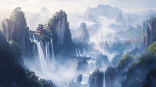 梦幻山水间的壮丽楼阁