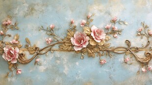 蓝底金饰粉色花卉装饰