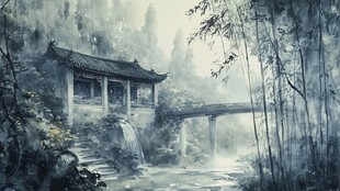 水墨竹林中的古亭小桥