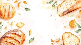 水彩风面包与秋叶装饰图