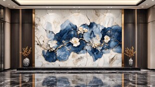 中式蓝调花卉大理石背景墙