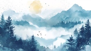 山间晨景 日出云雾松林间