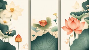 三联荷花图 清新中式风