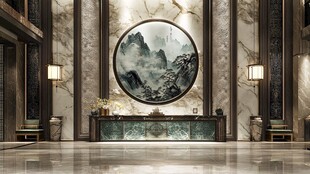 中式大厅山水圆画装饰景