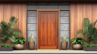 木质入户门搭配绿植景观