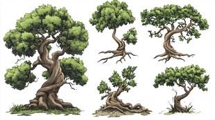 多样形态的古朴树木插画
