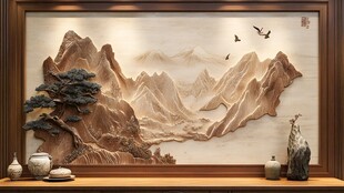 中式山水浮雕背景墙装饰