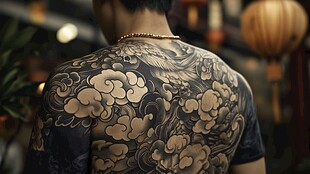 男子背部精美中式纹身图案