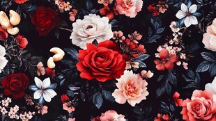 繁花锦簇黑色背景花卉图