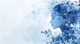 梦幻蓝调花卉少女侧影