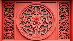 中式红雕门窗 花卉龙纹图案
