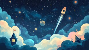 梦幻夜空下的火箭与城堡