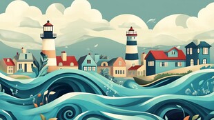 海边小镇的灯塔与波浪