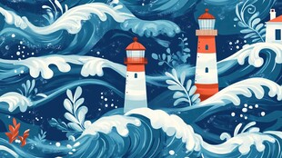 海浪中的灯塔风景图