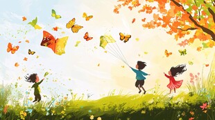 秋日童趣 孩子与蝴蝶共嬉戏