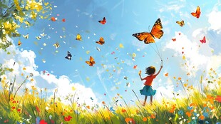 女孩于花海中与蝴蝶共舞