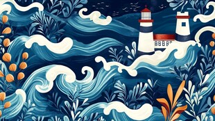 海洋灯塔波浪植物插画